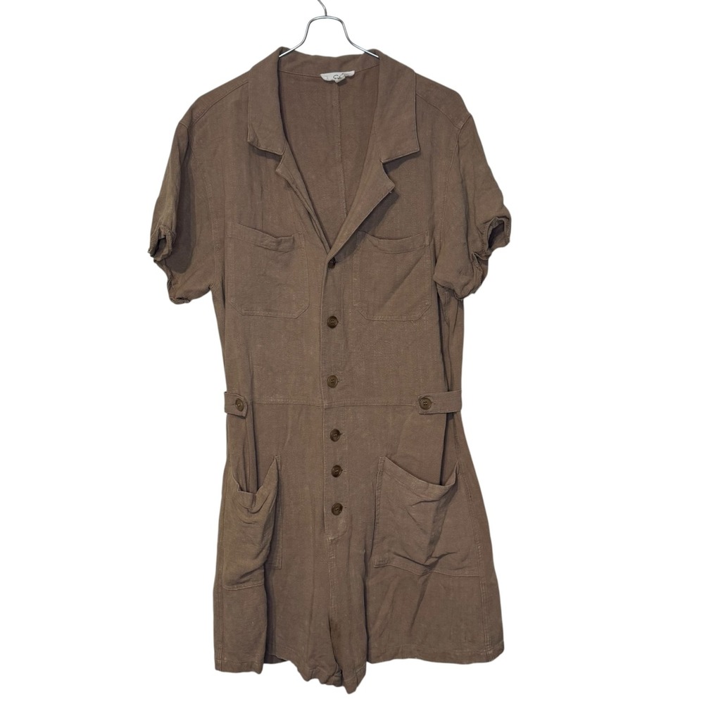 Easel Womens Romper Utility Button Down Short Sleeve Linen Blend Brown EB41424 M